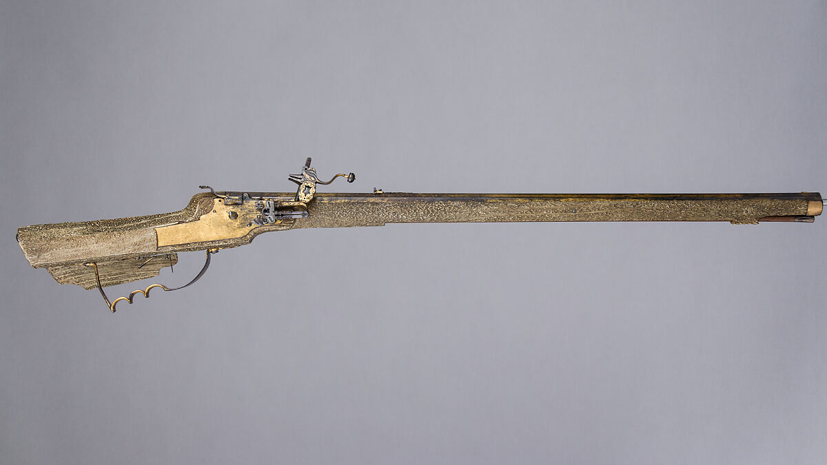 Wheellock Rifle with Spanner, Shot Extracting Tool, and Shooting Patch, Martin Kammerer (German, Augsburg, active 1654–67), Steel, iron, gold, wood, antler, copper alloy, enamel, bone, textile, German, Augsburg