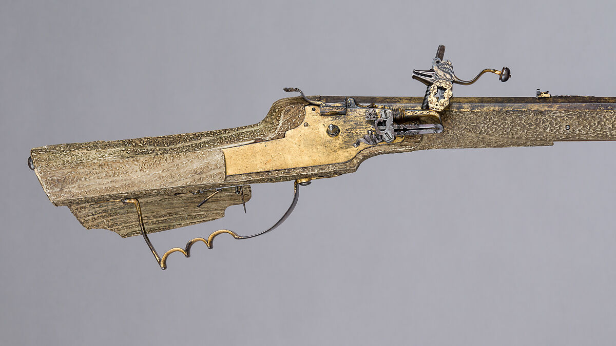 Wheellock Rifle with Spanner, Shot Extracting Tool, and Shooting Patch, Martin Kammerer (German, Augsburg, active 1654–67), Steel, iron, gold, wood, antler, copper alloy, enamel, bone, textile, German, Augsburg
