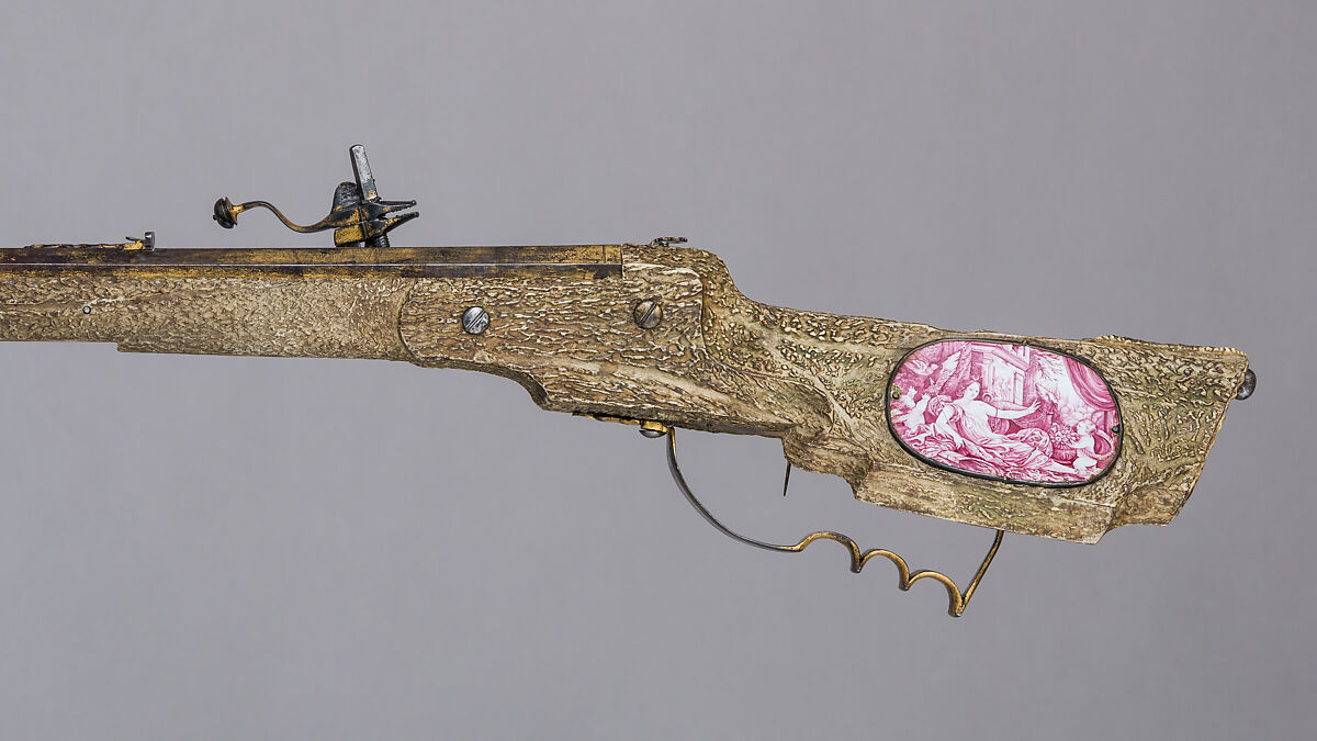 Wheellock Rifle with Spanner, Shot Extracting Tool, and Shooting Patch, Martin Kammerer (German, Augsburg, active 1654–67), Steel, iron, gold, wood, antler, copper alloy, enamel, bone, textile, German, Augsburg 