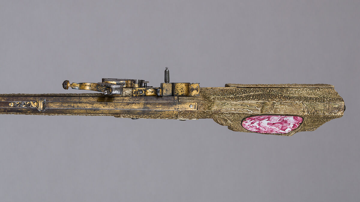 Wheellock Rifle with Spanner, Shot Extracting Tool, and Shooting Patch, Martin Kammerer (German, Augsburg, active 1654–67), Steel, iron, gold, wood, antler, copper alloy, enamel, bone, textile, German, Augsburg