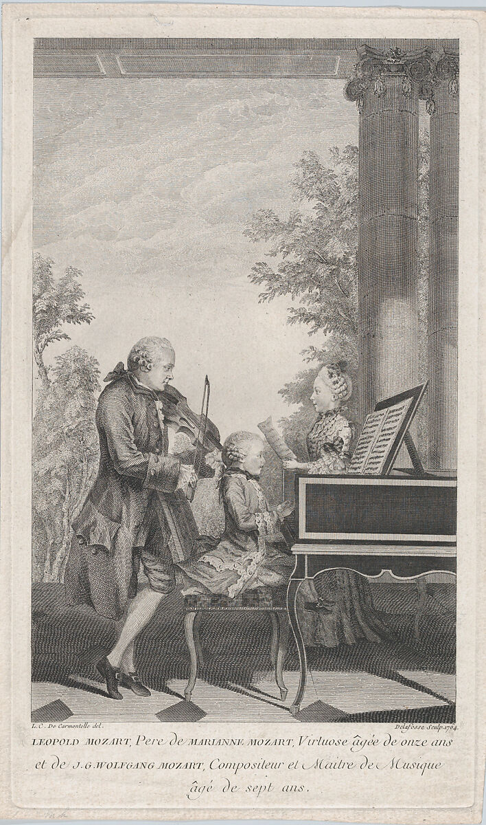 Leopold Mozart and His Children Maria Anna and Wolfgang Giving a Concert in Paris, Jean-Baptiste Joseph Delafosse (French, Paris 1721–1806 Paris), Etching and engraving 