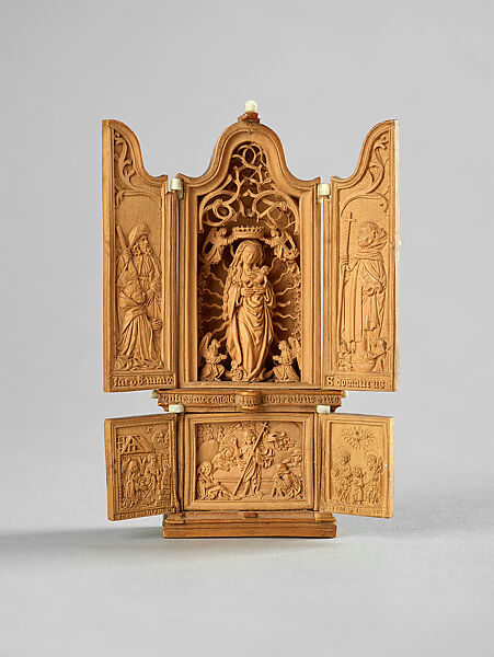 Miniature Altarpiece with the Virgin in Glory, and Saints James and Dominic, Boxwood, Netherlandish 