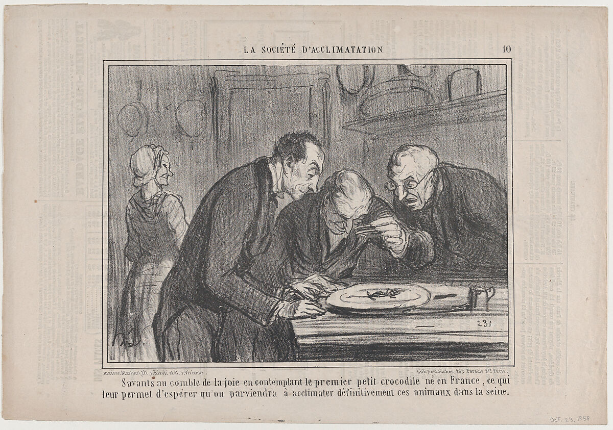 Savants au comble de la joie en contemplant le premier petit crocodile né e France..., from La Société d'Acclimatations, published in Le Charivari, October 23, 1858, Honoré Daumier (French, Marseilles 1808–1879 Valmondois), Lithograph on newsprint; second state of two (Delteil) 