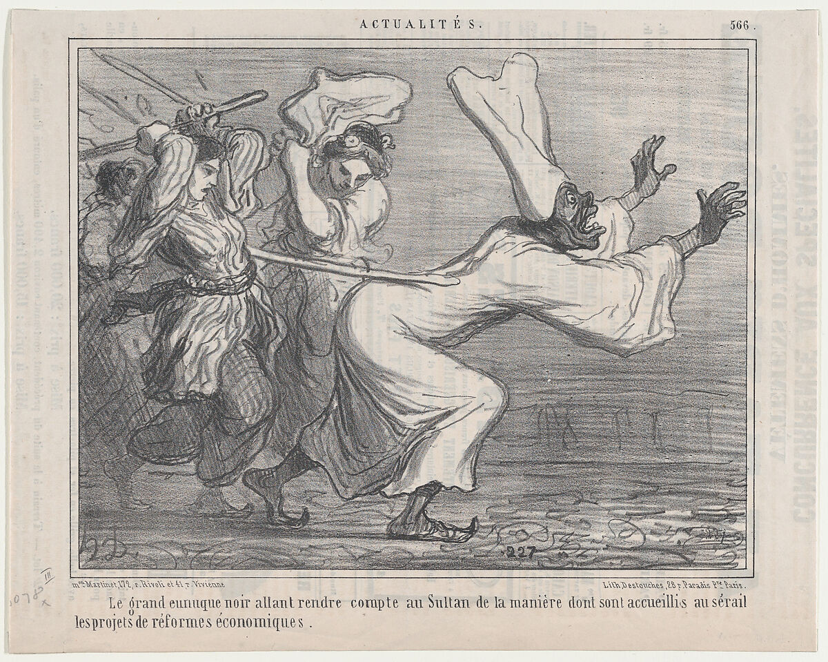 Le grand eunuque noir allant rendre compte au Sultan..., from Actualités, published in Le Charivari, September 18, 1858, Honoré Daumier (French, Marseilles 1808–1879 Valmondois), Lithograph on newsprint; third state of three (Delteil) 