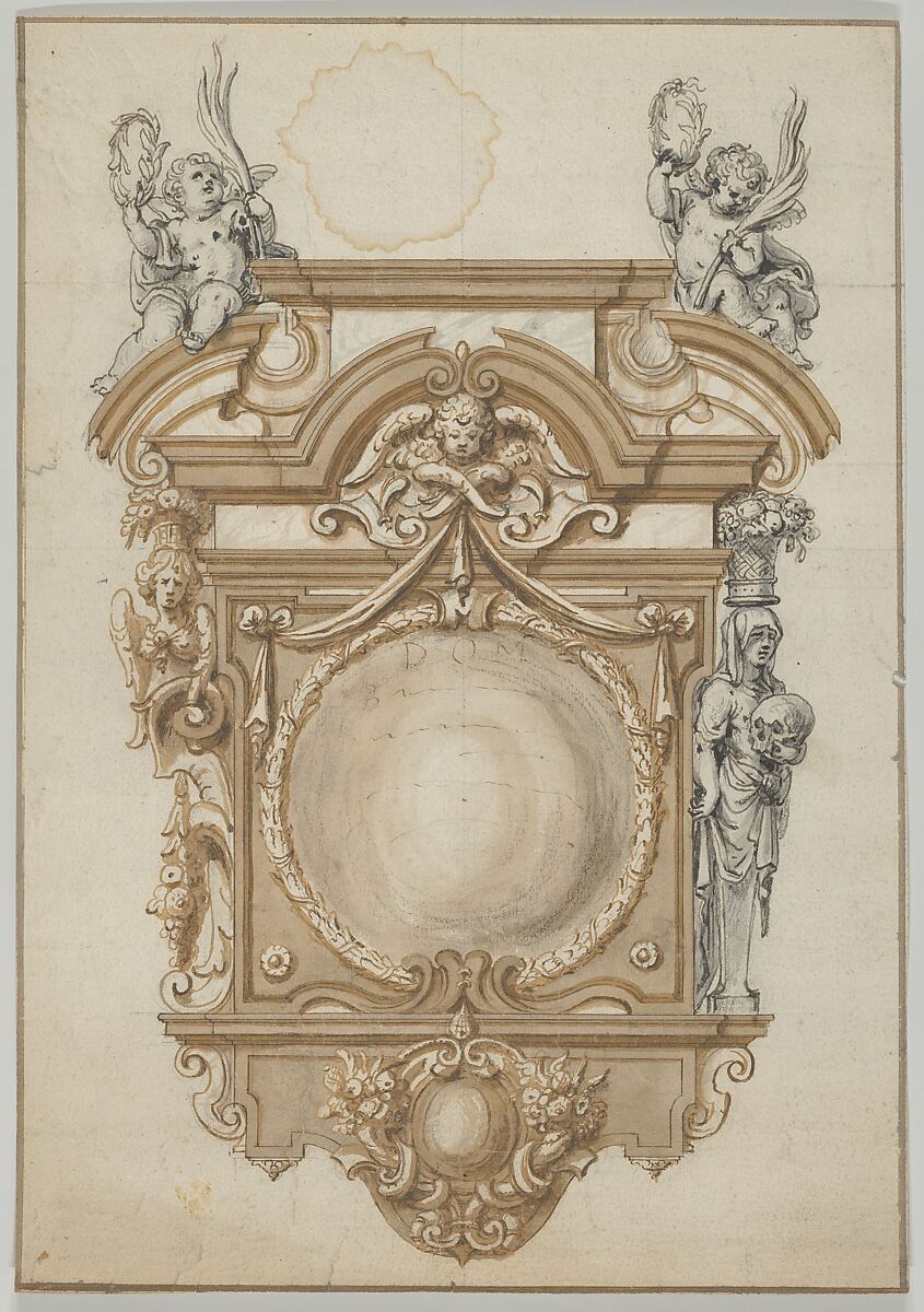 Design for an Epitaph with a Variant, flanked by Terms and surmounted by statues of Cherubs, Abraham van Diepenbeeck (Flemish, &#39;s Hertogenbosch 1596–1675 Antwerp), Pen with brown and black ink over traces of black chalk, black charcoal, brown and gray wash 