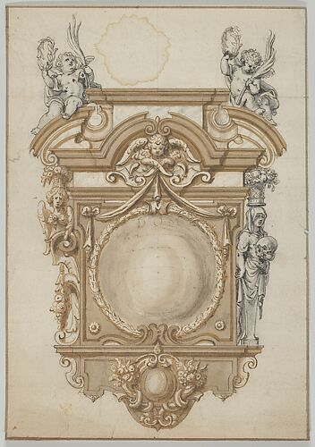 Design for an Epitaph with a Variant, flanked by Terms and surmounted by statues of Cherubs