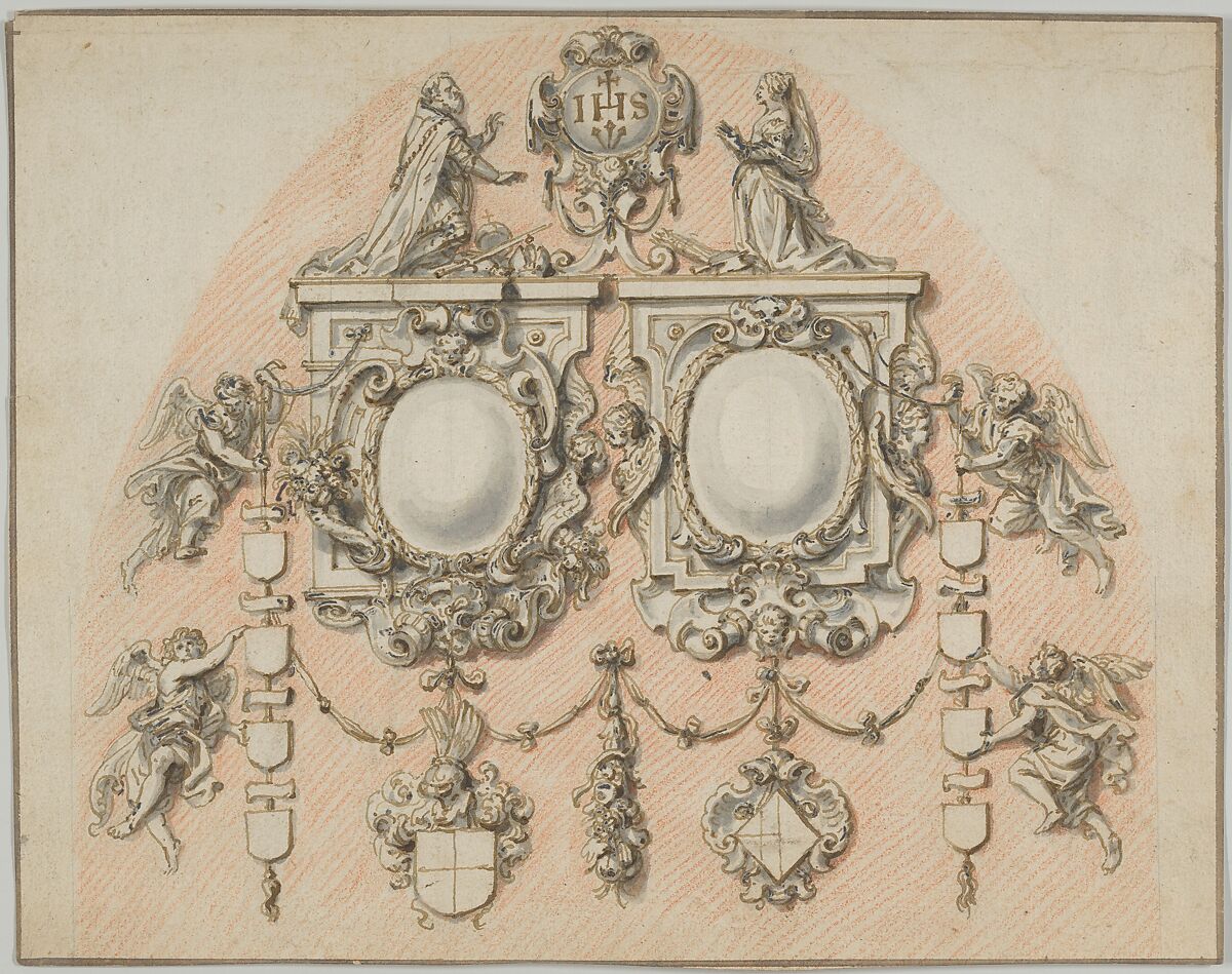 Design for the Epitaph of the 't Seraets-Van Etten family, Abraham van Diepenbeeck (Flemish, &#39;s Hertogenbosch 1596–1675 Antwerp), Pen and brown ink, black chalk, red chalk, gray wash and heightened in white [oxidized] 