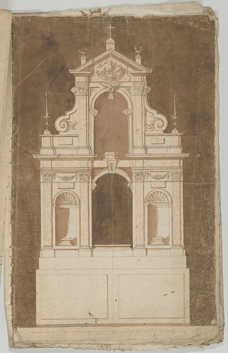 Design for an Altar with Red Marble to be set against a Wall, Anonymous, Flemish  , 17th century, Pen and brown ink with red and brown wash 