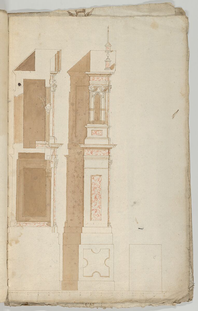 Side view of an Altar with Red Marble to be set against a Wall, Anonymous, Flemish  , 17th century, Pen and brown ink with red and brown wash 
