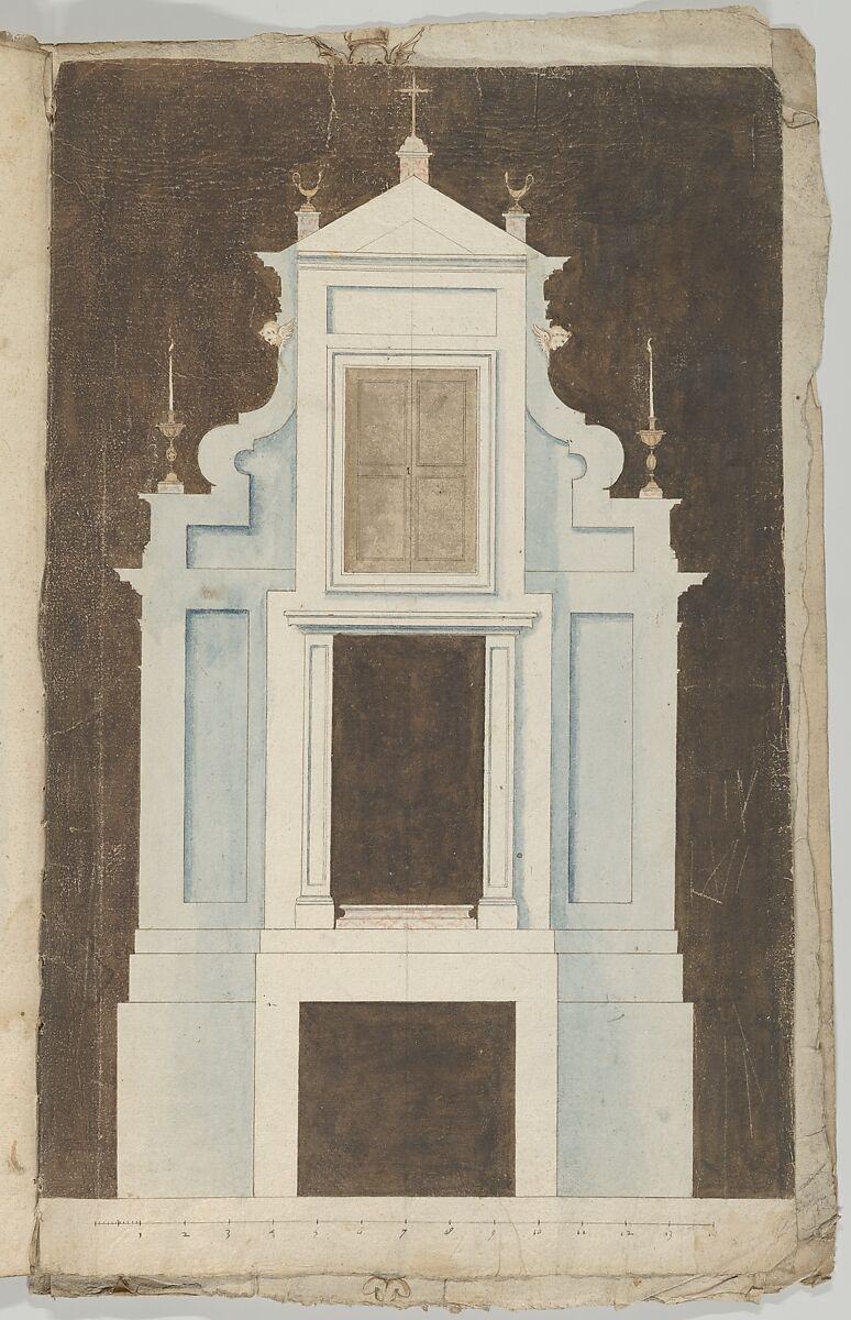 Design for an Altar or Wall Tomb in a Blue-Gray Stone, Anonymous, Flemish  , 17th century, Pen and brown ink with blue, brown, red and light-brown wash 