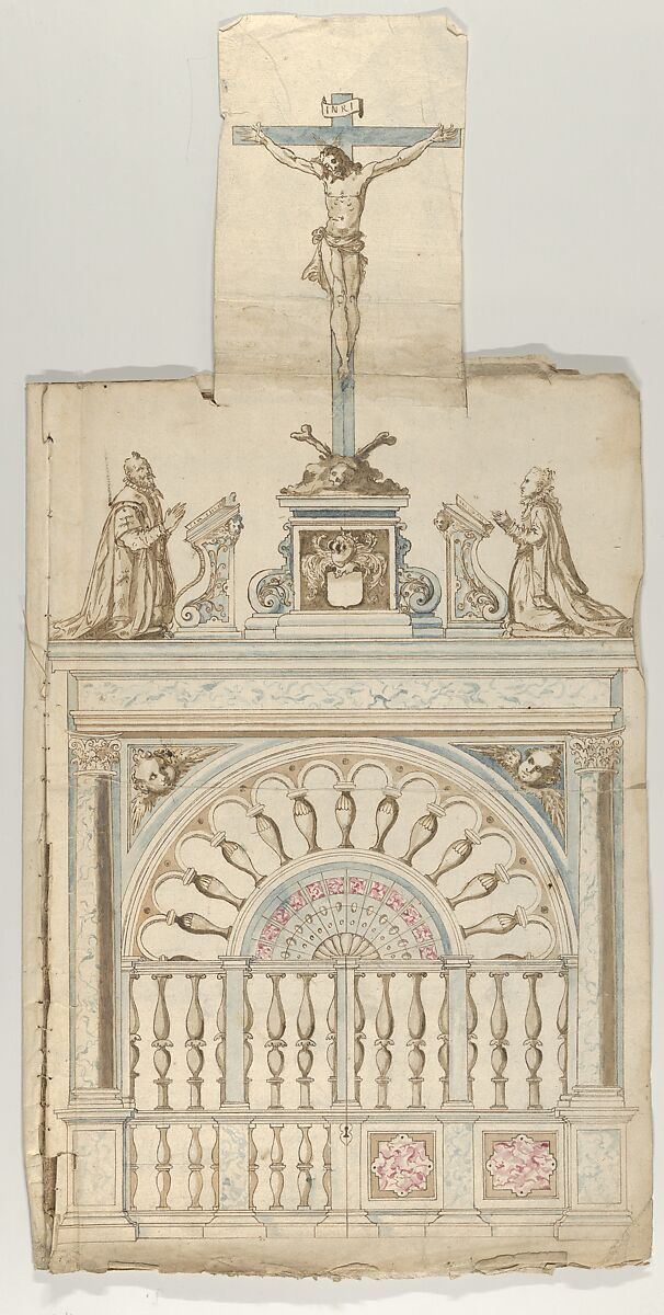 Design for a Choir Screen with Donor Statues flanking a Crucifix, Anonymous, Flemish  , 17th century, Pen and brown ink with blue, red and brown wash 