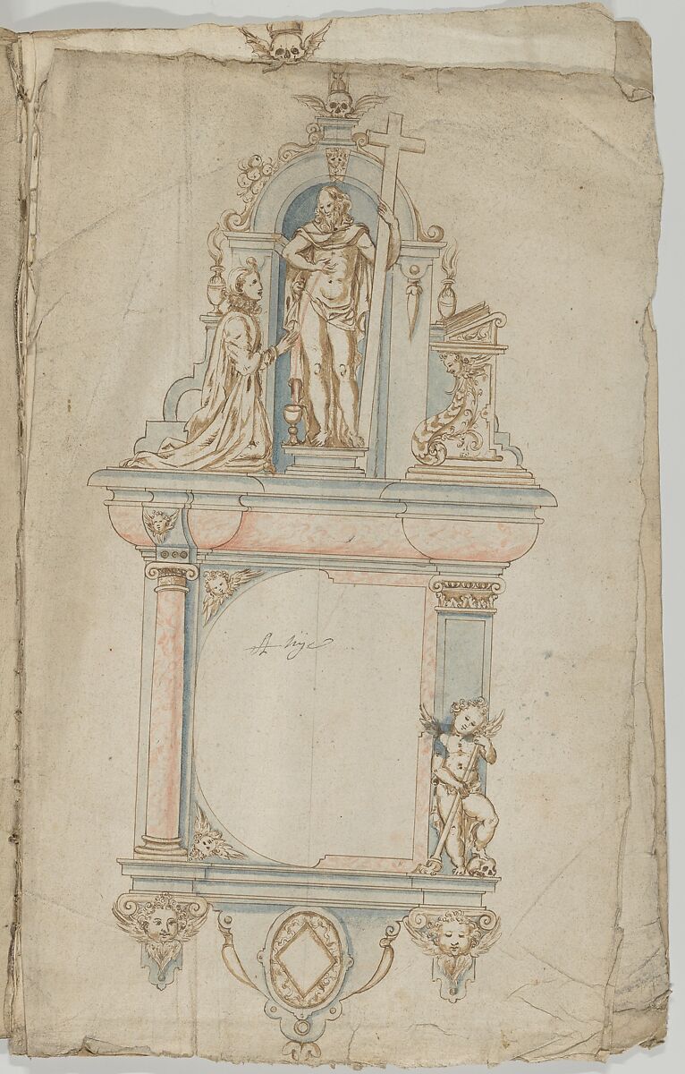 Design for a Wall Tomb with a Variant and Statues of the Resurrected Christ and a kneeling Donor, Anonymous, Flemish  , 17th century, Pen and brown ink with red, blue and brown wash 