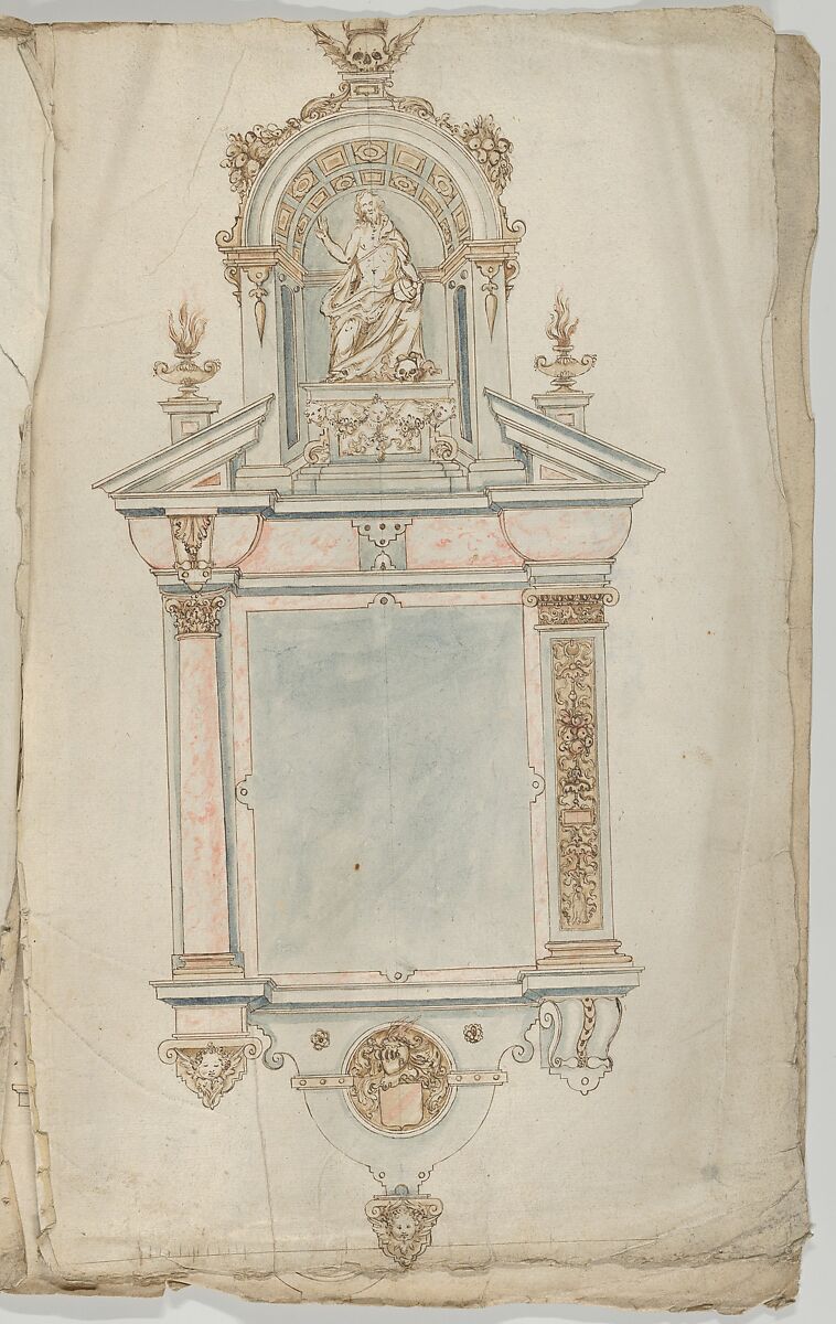Design for a Wall Tomb with a Variant and a Statue of Christ as Salvator Mundi, Anonymous, Flemish  , 17th century, Pen and brown ink with red, blue and brown wash 