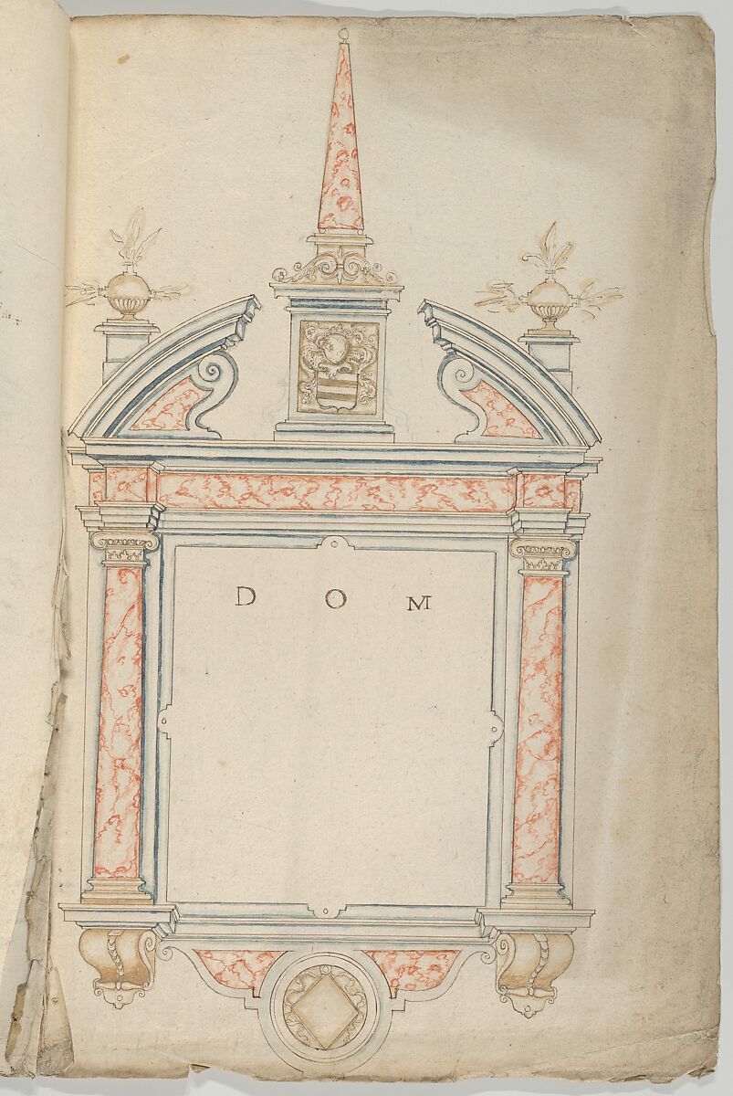 Design for an Epitaph in Red Marble, surmounted by an Obelisk, Anonymous, Flemish  , 17th century, Pen and brown ink over traces of black chalk, with red, blue and brown wash 