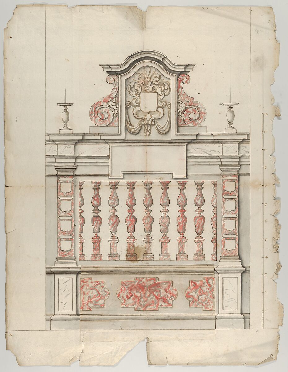 Design for a Choir Screen with a Tomb in Red-Gray Marble, Anonymous, Flemish  , 17th century, Pen and brown ink with red and gray wash 