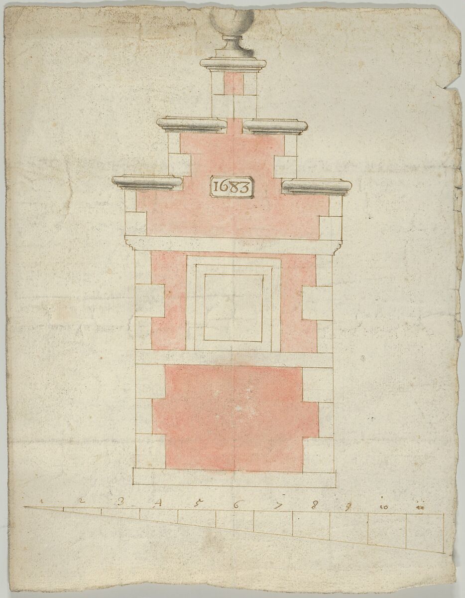 Design for a Small Tower or Stepped Gable, dated 1683, Anonymous, Flemish  , active 1683, Pen and brown ink with red and gray wash 