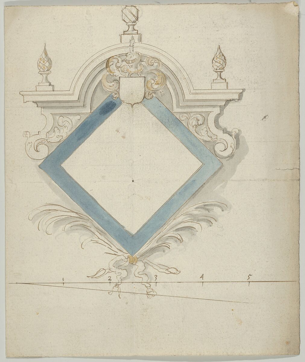 Epitaph with Lozenge-Shaped Panel, Anonymous, Flemish  , active 1683, Pen and ink with watercolor, wash and gilding 