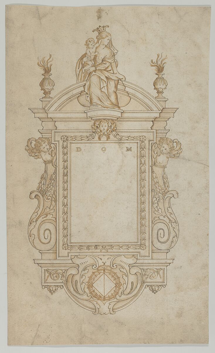 Design for an Epitaph surmounted by a Statue of the Virgin and Child, Anonymous, Flemish  , 17th century, Pen and brown ink with brown wash 