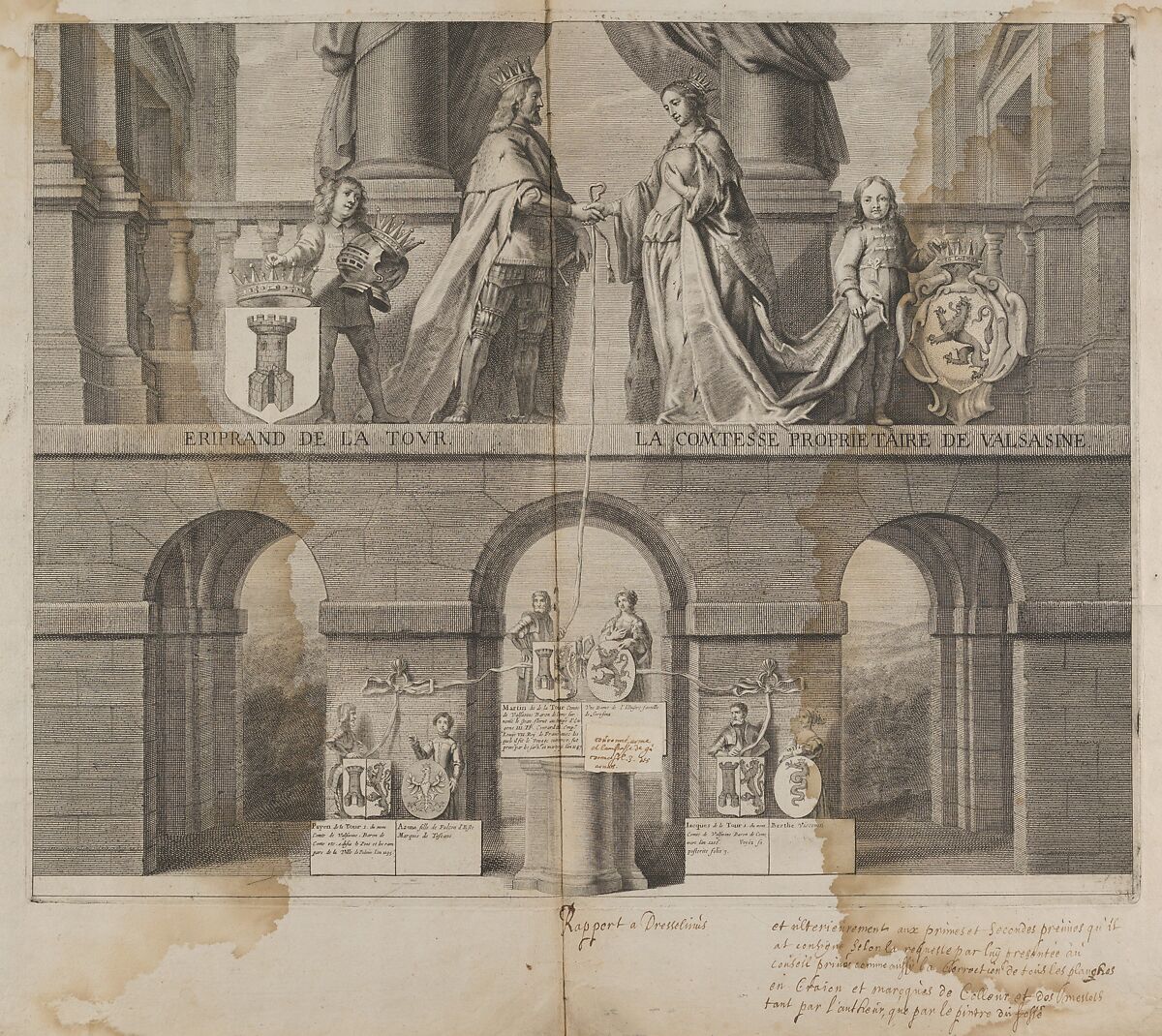 Proof impression with Corrections and Instructions of a Print celebrating the Union and Lineage of Eriprand de la Tour with the Comtesse de Valsasine, Anonymous, French, 17th century, Engraving; proof 