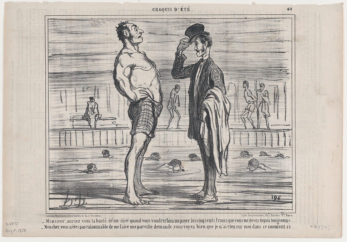 Monsieur, auriez vous la bonté de me dire..., from Croquis d'Été, published in Le Charivari, August 5, 1858, Honoré Daumier (French, Marseilles 1808–1879 Valmondois), Lithograph on newsprint; second state of two (Delteil) 