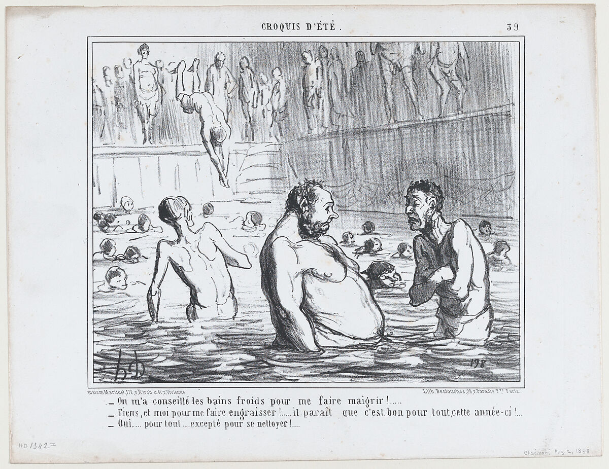 On m'a conseillé les bains froids pour me faire maigrir!..., from Croquis d'Été, published in Le Charivari, August 2, 1858, Honoré Daumier (French, Marseilles 1808–1879 Valmondois), Lithograph; second state of three (Delteil) 