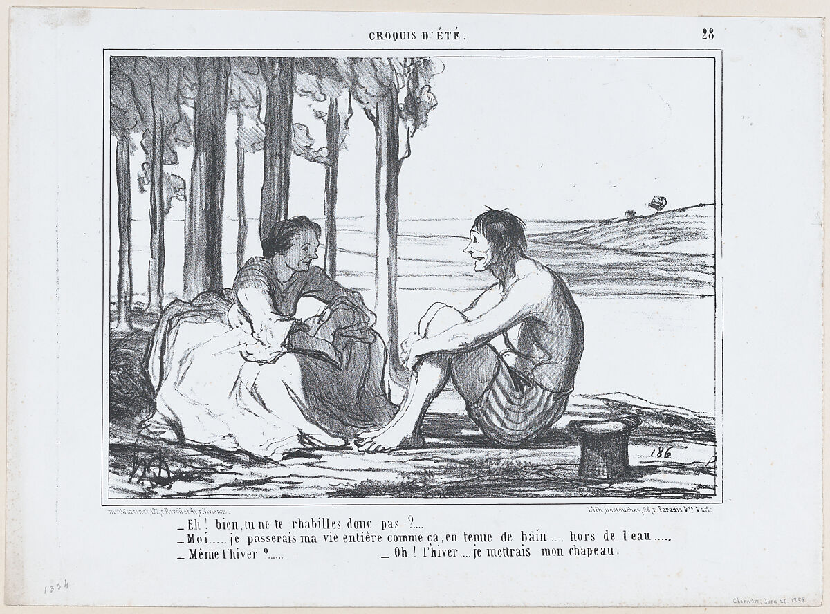 Eh! bien, tu ne te rhabilles donc pas?..., from Croquis d'Été, published in Le Charivari, June 26, 1858, Honoré Daumier (French, Marseilles 1808–1879 Valmondois), Lithograph; second state of two (Delteil) 