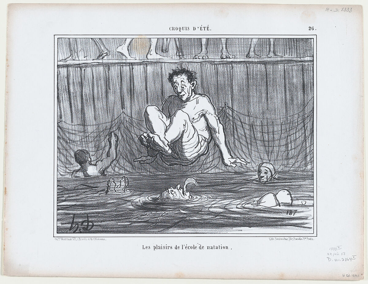 Les plaisirs de l'école de natation, from Croquis Été, published in Le Charivari, June 22, 1858, Honoré Daumier (French, Marseilles 1808–1879 Valmondois), Lithograph; second state of two (Delteil) 