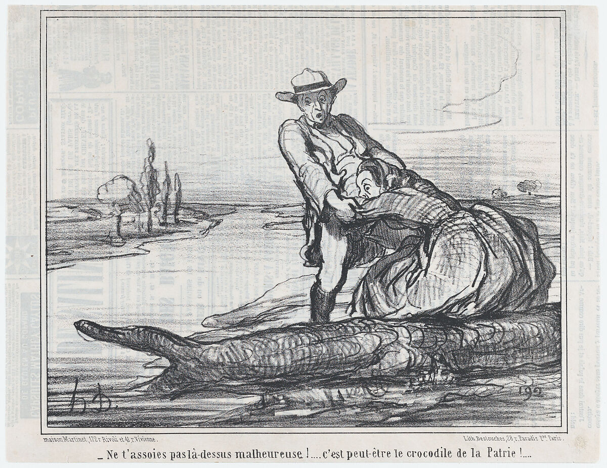 Ne t'assoies pas là-dessus malheureuse!.... c'est peut-être le crocodile de la Patrie!...., from Actualités, published in Le Charivari, July 8, 1858, Honoré Daumier (French, Marseilles 1808–1879 Valmondois), Lithograph on newsprint; second state of two (Delteil) 