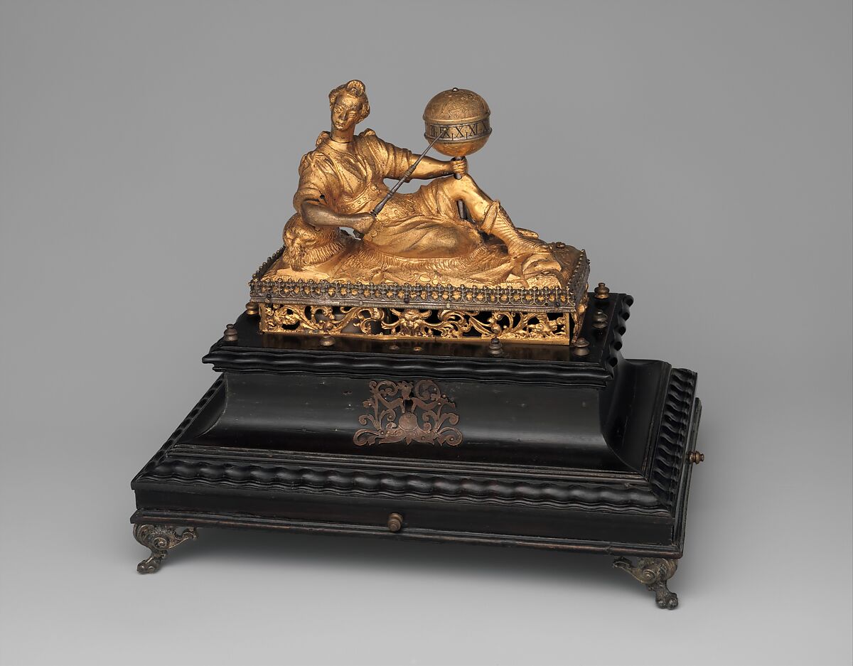 Automaton clock in the form of Urania, Paullus Schiller (German, 1583–1634), Case: partly gilded and partly silvered brass, copper with traces of silver, ebony, and ebony veneer; Movement: gilded brass and partly blued steel, German, Nuremberg 