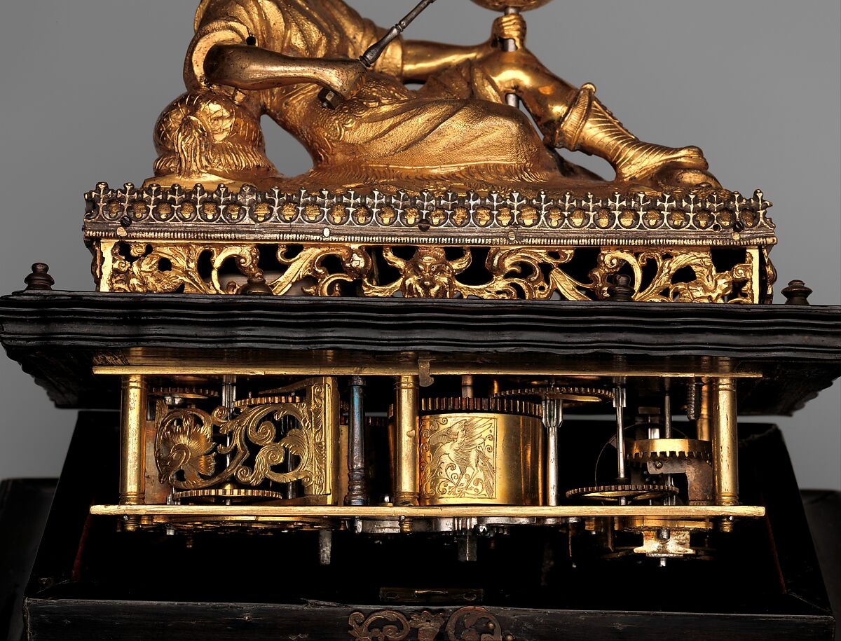 Automaton clock in the form of Urania, Muse of Astronomy, Paullus Schiller (German, 1583–1634), Case: partly gilded and partly silvered brass, copper with traces of silver, ebony, and ebony veneer; Movement: gilded brass and partly blued steel, German, Nuremberg