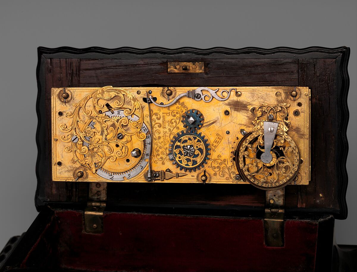 Automaton clock in the form of Urania, Muse of Astronomy, Paullus Schiller (German, 1583–1634), Case: partly gilded and partly silvered brass, copper with traces of silver, ebony, and ebony veneer; Movement: gilded brass and partly blued steel, German, Nuremberg