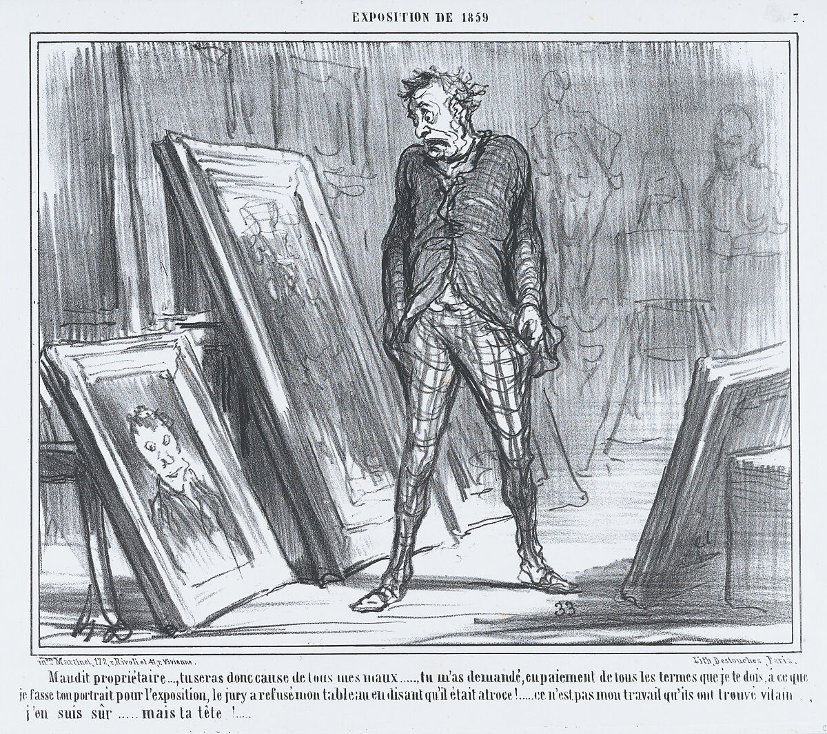 Maudit propriétaire..., tu seras donc cause de tous mes maux..., from L'Exposition de 1859, published in Le Charivari, April 26, 1859, Honoré Daumier (French, Marseilles 1808–1879 Valmondois), Lithograph; second state (Delteil) 