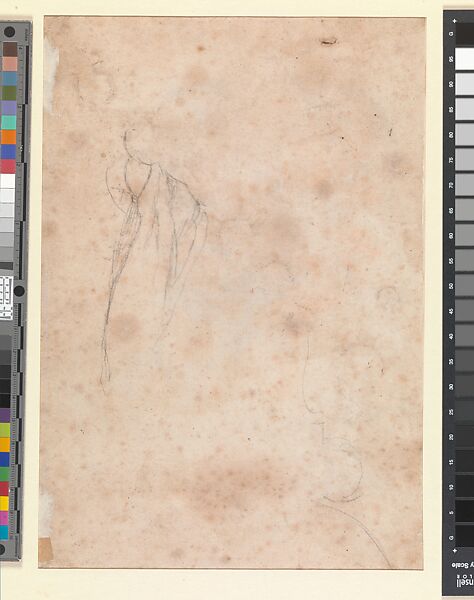 Head and torso of a man (recto); Figure studies and architectural profile (verso), Michelangelo Buonarroti (Italian, Caprese 1475–1564 Rome), Black chalk and stylus (recto and verso) 