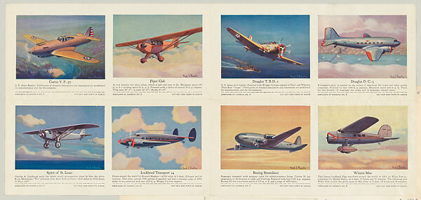 Announcement for Kelley's Weekly Bulletin with cards from the Airplanes of America series (D2), issued by the Kelley Baking Company, including cards Curtis Y. P.- 37, Piper Club, Spirit of St. Louis, Lockhead Transport 14, Douglas T.B.D.-1, Douglas D. C-.3, Boeing Stratoliner, Winnie Mae, Issued by Kelley Baking Company, Commercial color lithograph