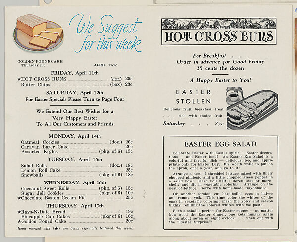 Kelley's Weekly Bulletin including cards from the Airplanes of America series (D2) to be cut out and pasted in album, issued by the Kelley Baking Company to promote Kelley's Bread. Easter edition, April 11-17, includes Aeronca Model LA card, Issued by Kelley Baking Company, Commercial color lithograph