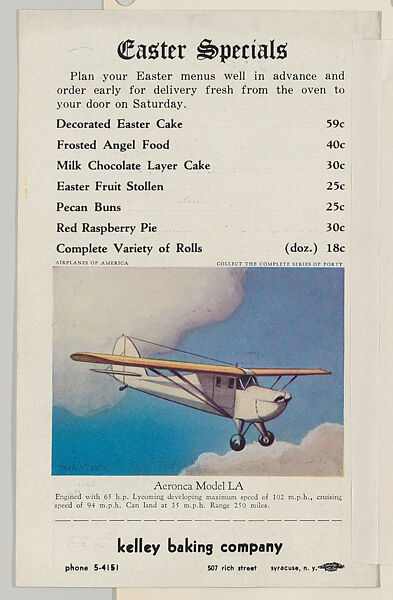 Kelley's Weekly Bulletin including cards from the Airplanes of America series (D2) to be cut out and pasted in album, issued by the Kelley Baking Company to promote Kelley's Bread. Easter edition, April 11-17, includes Aeronca Model LA card, Issued by Kelley Baking Company, Commercial color lithograph