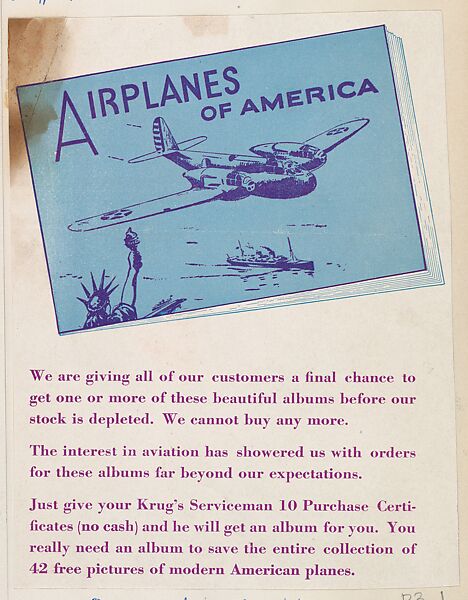 Airplanes of America advertisement, series D3, issued by the Krug Baking Company, Issued by Krug Baking Company, Commercial color lithograph 