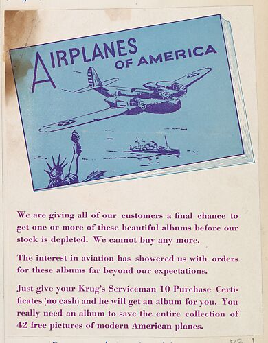 Airplanes of America advertisement, series D3, issued by the Krug Baking Company