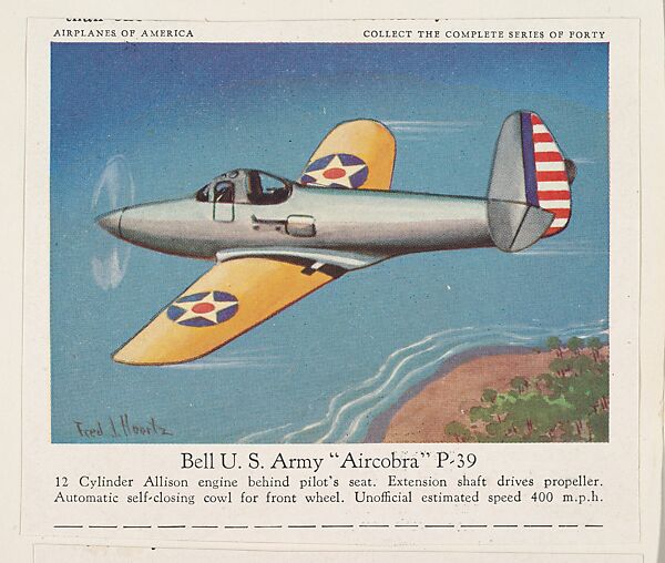 Bell U. S. Army "Aircobra" P-39, collector card from the Airplanes of America series (D2), issued by the Kelley Baking Company to promote Kelley's Bread, Issued by Kelley Baking Company, Commercial color lithograph 