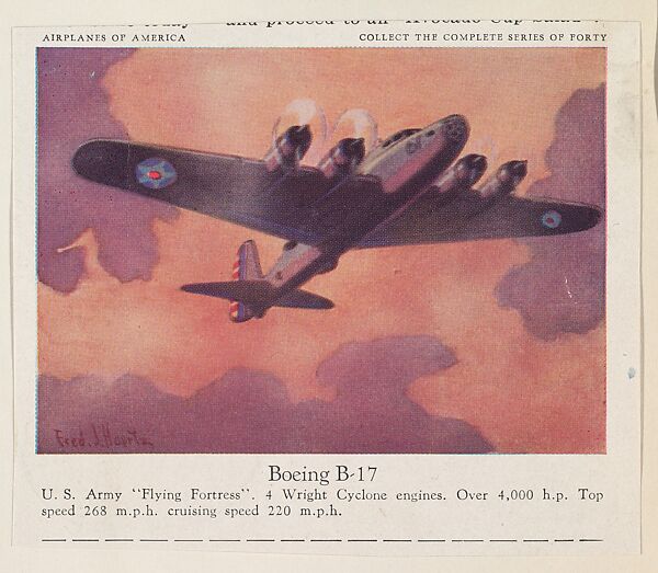 Boeing B-17, collector card from the Airplanes of America series (D2), issued by the Kelley Baking Company to promote Kelley's Bread, Issued by Kelley Baking Company, Commercial color lithograph 