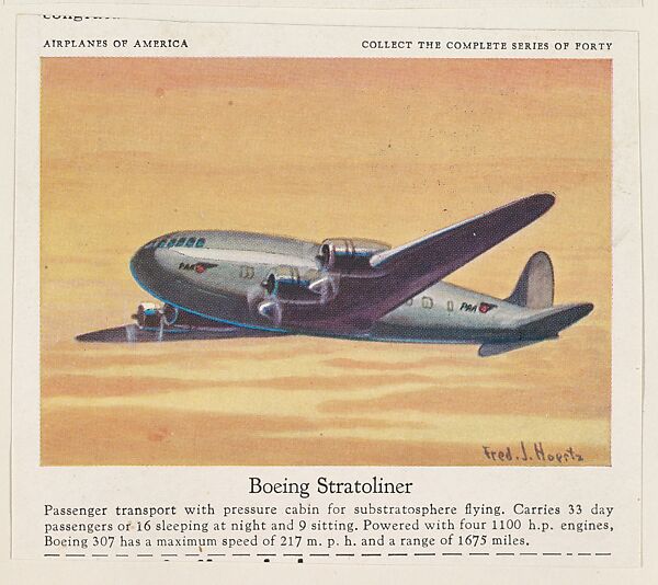 Boeing Stratoliner, collector card from the Airplanes of America series (D2), issued by the Kelley Baking Company to promote Kelley's Bread, Issued by Kelley Baking Company, Commercial color lithograph 