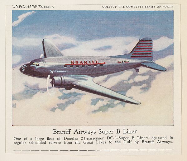 Braniff Airways Super B Liner, collector card from the Airplanes of America series (D2), issued by the Kelley Baking Company to promote Kelley's Bread, Issued by Kelley Baking Company, Commercial color lithograph 