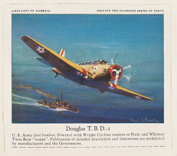 Douglas T. B. D.- I, collector card from the Airplanes of America series (D2), issued by the Kelley Baking Company to promote Kelley's Bread, Issued by Kelley Baking Company, Commercial color lithograph 