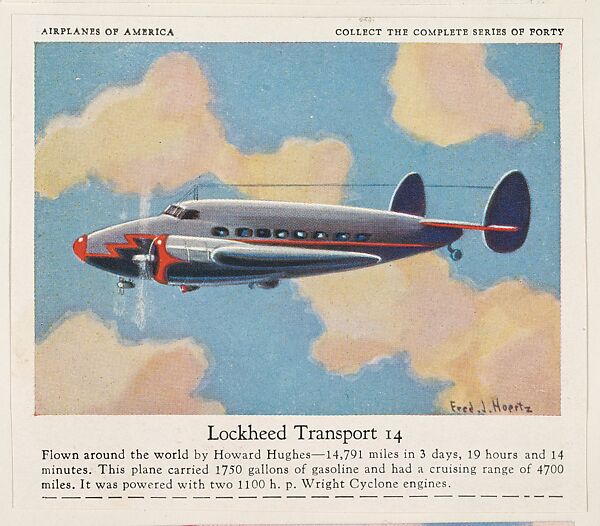 Lockheed Transport 14, collector card from the Airplanes of America series (D2), issued by the Kelley Baking Company to promote Kelley's Bread, Issued by Kelley Baking Company, Commercial color lithograph 