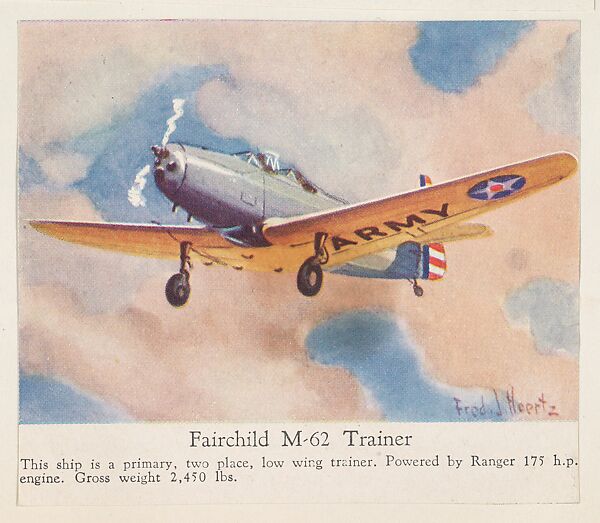 Fairchild M-62 Trainer, collector card from the Airplanes of America series (D2), issued by the Kelley Baking Company to promote Kelley's Bread, Issued by Kelley Baking Company, Commercial color lithograph 