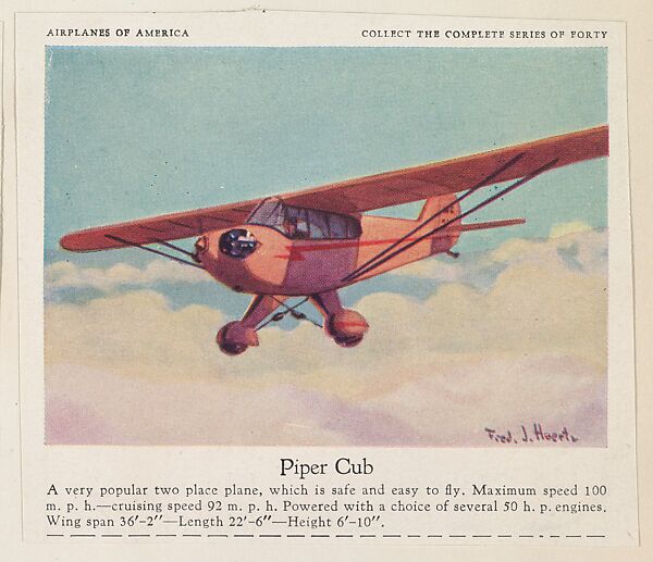 Piper Club, collector card from the Airplanes of America series (D2), issued by the Kelley Baking Company to promote Kelley's Bread, Issued by Kelley Baking Company, Commercial color lithograph 