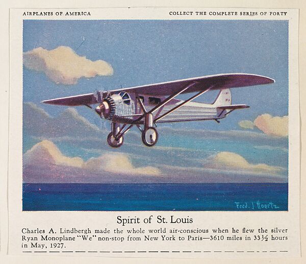 Spirit of St. Louis, collector card from the Airplanes of America series (D2), issued by the Kelley Baking Company to promote Kelley's Bread, Issued by Kelley Baking Company, Commercial color lithograph 
