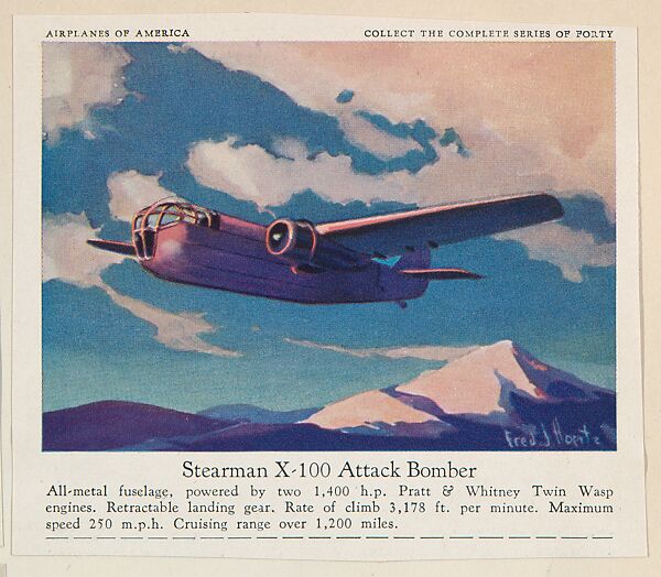 Stearman X-100 Attack Bomber, collector card from the Airplanes of America series (D2), issued by the Kelley Baking Company to promote Kelley's Bread, Issued by Kelley Baking Company, Commercial color lithograph 