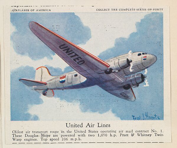 United Air Lines, collector card from the Airplanes of America series (D2), issued by the Kelley Baking Company to promote Kelley's Bread, Issued by Kelley Baking Company, Commercial color lithograph 