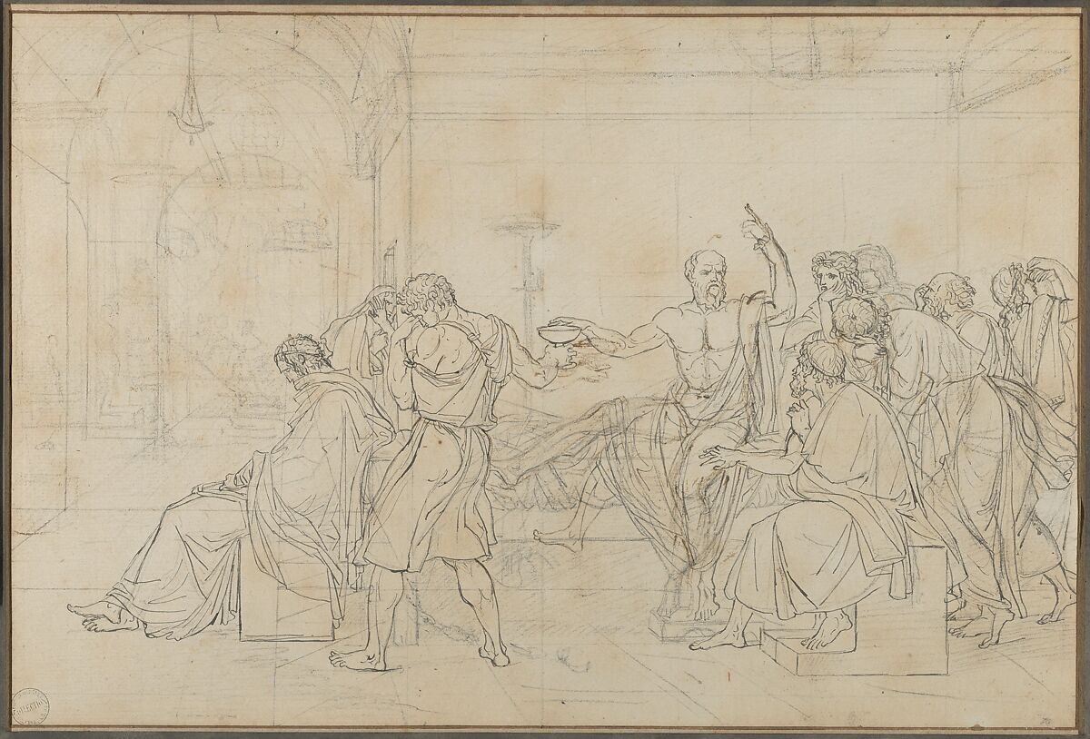 The Death of Socrates, Jacques Louis David (French, Paris 1748–1825 Brussels), Pen and black ink, over black chalk, touches of pen and brown ink; squared in black chalk 